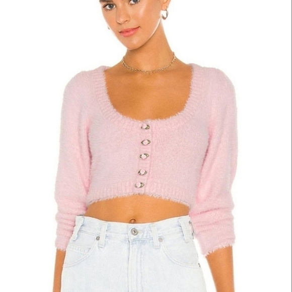 For Love and Lemons Anastasia cropped cardigan carnation pink medium NWT - Picture 1 of 11